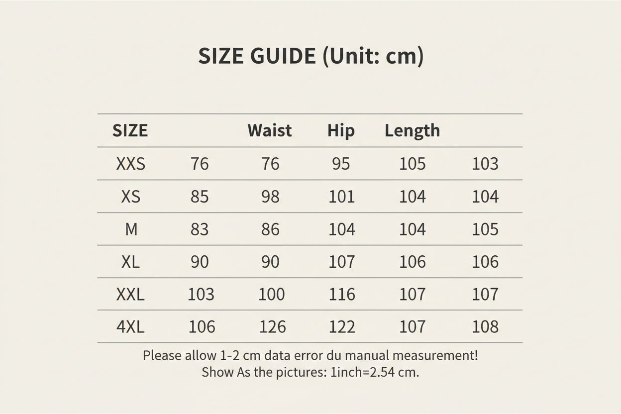 Size chart for clothing with measurements in centimeters
