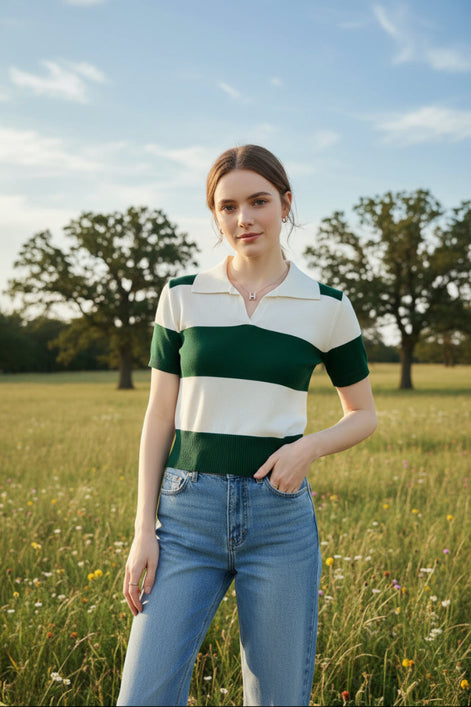 A woman wearing a short-sleeve knit polo shirt with horizontal green and off-white stripes, seated on a brown leather chair.