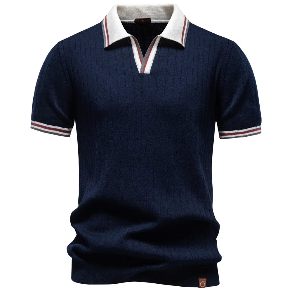 Men's Knitted Polo Shirt Summer Short Sleeve Striped Collar Casual Business Tops Brown With Striped Collar and Cuffs