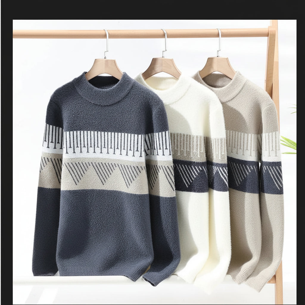 Two sweaters, one blue and one white, hanging on a rack with geometric patterns.