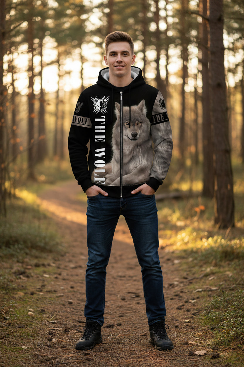 Hoodie with a wolf design and 'The Wolf' text on a white background