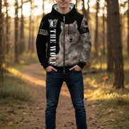 Hoodie with a wolf design and 'The Wolf' text on a white background