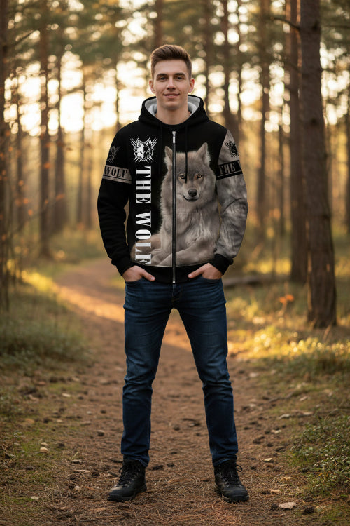 Hoodie with a wolf design and 'The Wolf' text on a white background