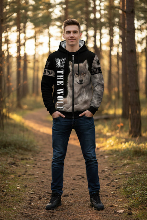 Hoodie with a wolf design and 'The Wolf' text on a white background