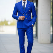 Blue suit with gold buttons on a white background