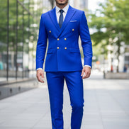 Blue suit with gold buttons on a white background