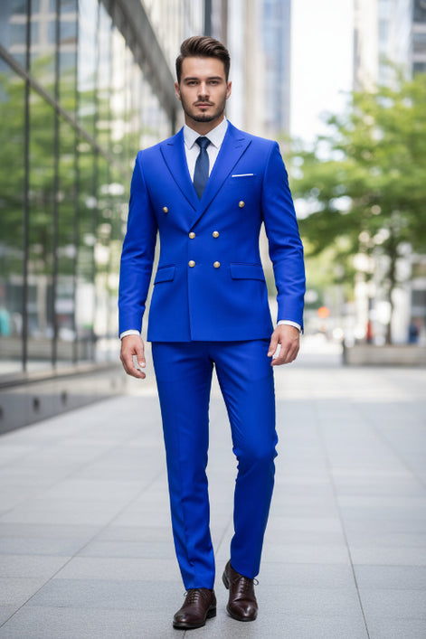 Blue suit with gold buttons on a white background