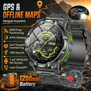 A rugged black and dark gray smartwatch with a metal link band, shown with promotional text and feature callouts including GPS, offline maps, IPX8 water resistance, health monitoring, 