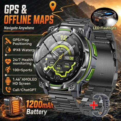 A rugged black and dark gray smartwatch with a metal link band, shown with promotional text and feature callouts including GPS, offline maps, IPX8 water resistance, health monitoring, 