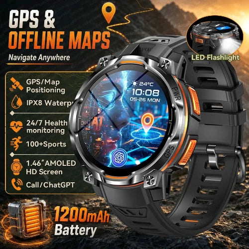 Black and silver rugged smartwatch with orange accents, shown with promotional text highlighting GPS, offline maps, IPX8 water resistance,