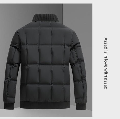 A black puffer jacket shown from the back, featuring horizontal quilting, a ribbed high collar, and ribbed cuffs and hem. The jacket is displayed against a split gray background with vertical text on the right side reading 'Assad is in love with assad'.