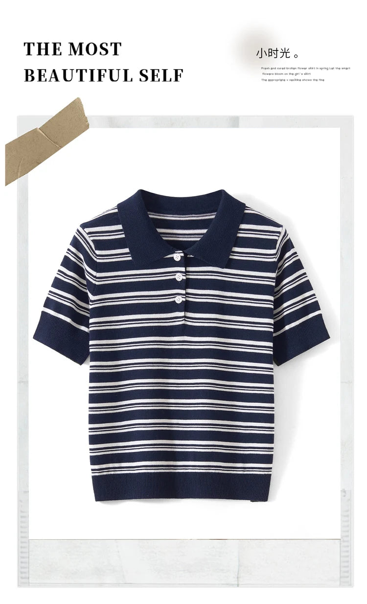 WinvyNee Summer Women's Pure Cotton Sweaters Polo T-Shirts White Half Sleeve Striped Tees Y2k Outerwears Pullover Tops ZA1523012