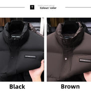 A side-by-side color comparison of a puffer vest, showing the 'Black' option on the left and the 'Brown' option on the right. Both views feature a high collar, front snap closure, and a small rectangular brand patch on the chest.