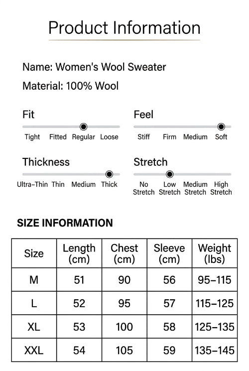 Product information table for a women's sheepskin shirt in Chinese, showing material as 100% sheepskin and a size chart with measurements for M, L, XL, and XXL.