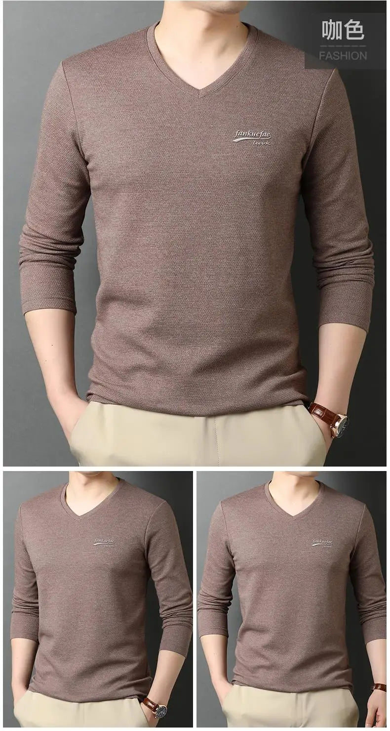 Top Quality New Fashion Brand Solid Color Plain V Neck Long Sleeve t Shirt Men Cotton Casual Men Clothes 2025