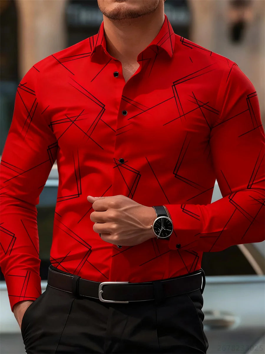 Men's Slim Fit Long-Sleeved Geometric Line Print Shirt - Non-Iron