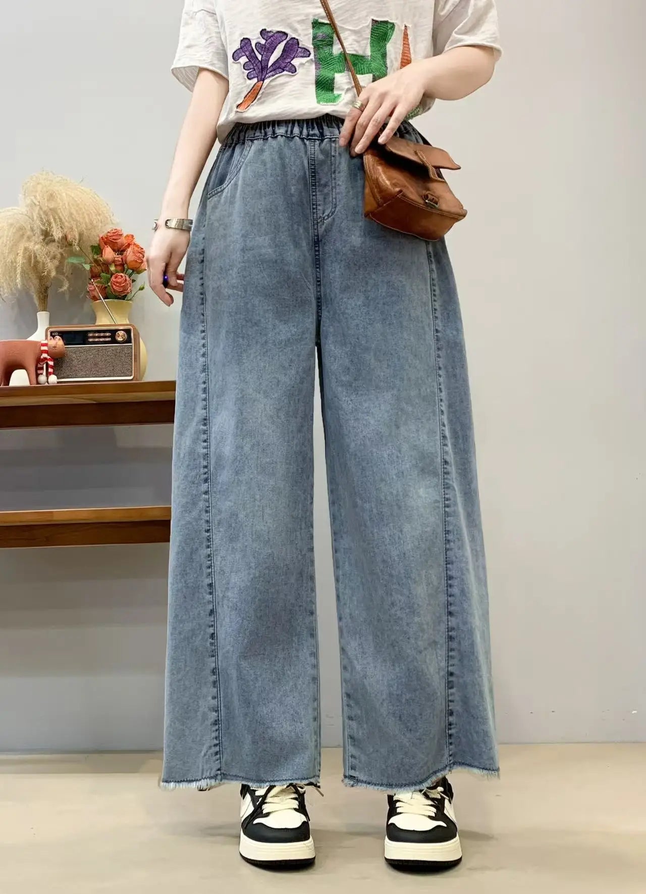Spring Summer Ethnic Style Vintage Floral Embroidery Denim Wide Leg Pants Women High Elastic Waist Hole Casual Straight Jeans