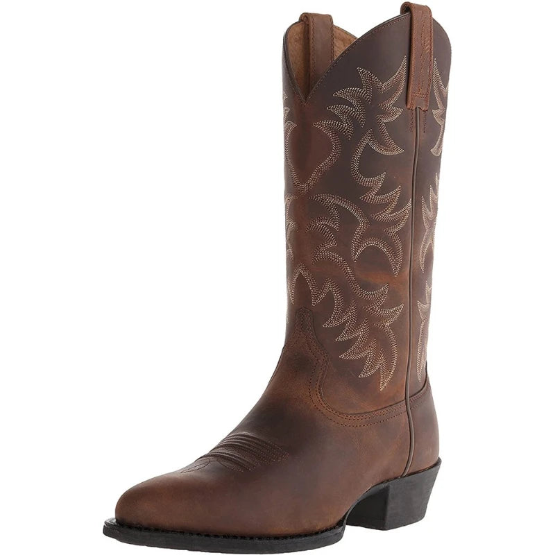 Embroidered Men Knee High Heel Leather Boots Retro European American Western Cowboy Boots Wedge Zip Casual Shoes Botas De Hombre