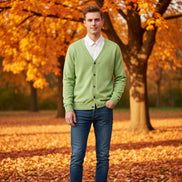 Green cardigan over a white shirt on a wooden hanger