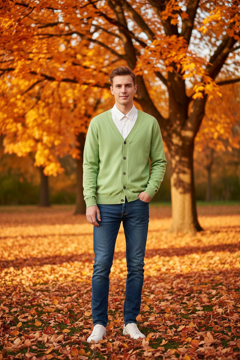 Green cardigan over a white shirt on a wooden hanger