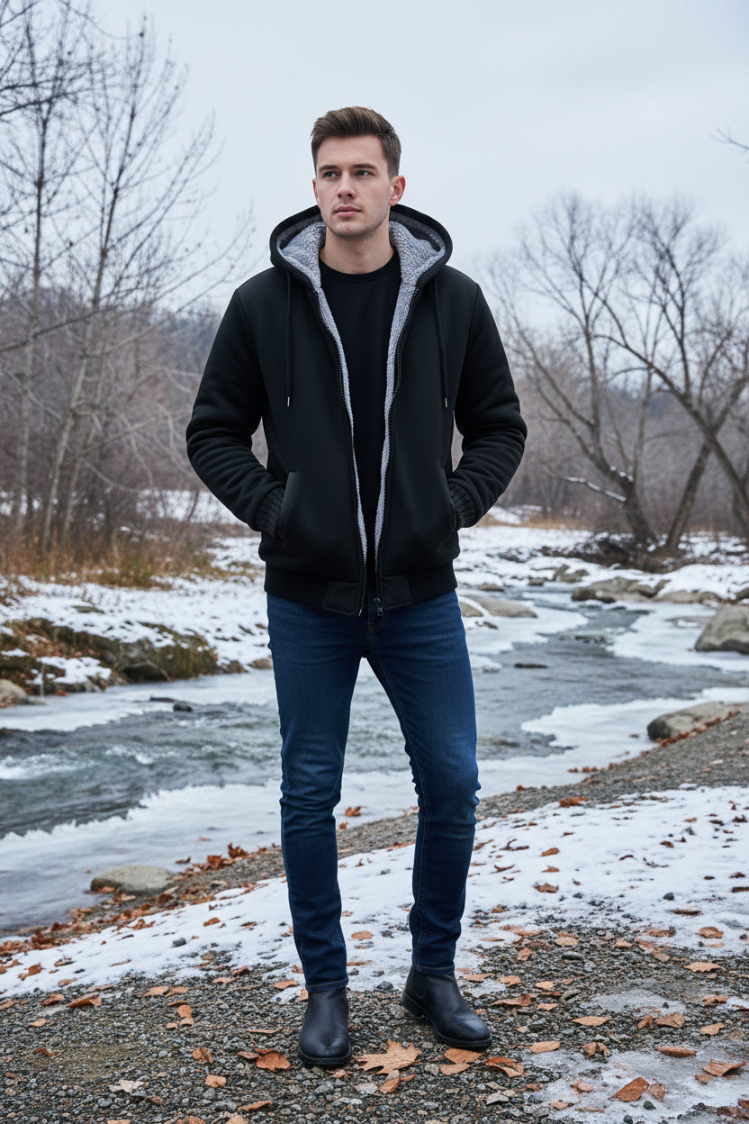 Black hoodie with gray fleece lining on a white background