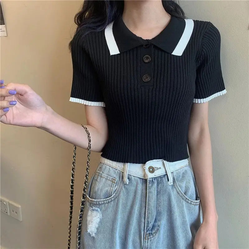 Women's Polo Shirts Sexy Crop Top Button Female Tee Knitted Slim with T-shirts Collar Korean Clothing Pulovers Trend 2025 Summer