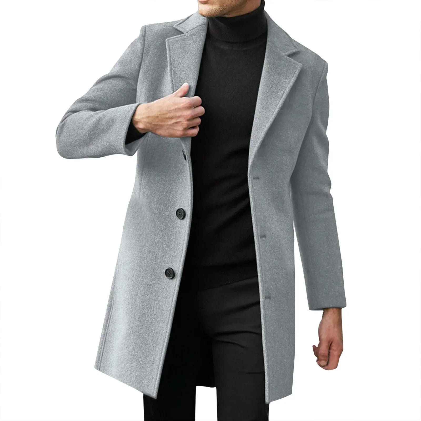 Gray overcoat worn by a person on a white background