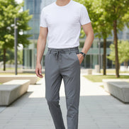 Gray pants with a drawstring on a white background