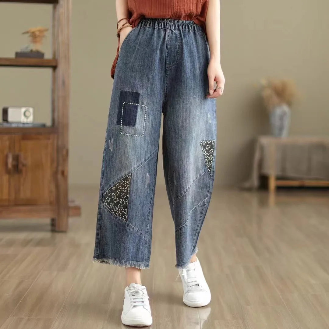 Spring Summer Ethnic Style Vintage Floral Embroidery Denim Wide Leg Pants Women High Elastic Waist Hole Casual Straight Jeans