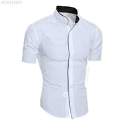 A white short-sleeve button-up shirt with a black inner collar and black piping detail along the front placket, shown on a plain white background.