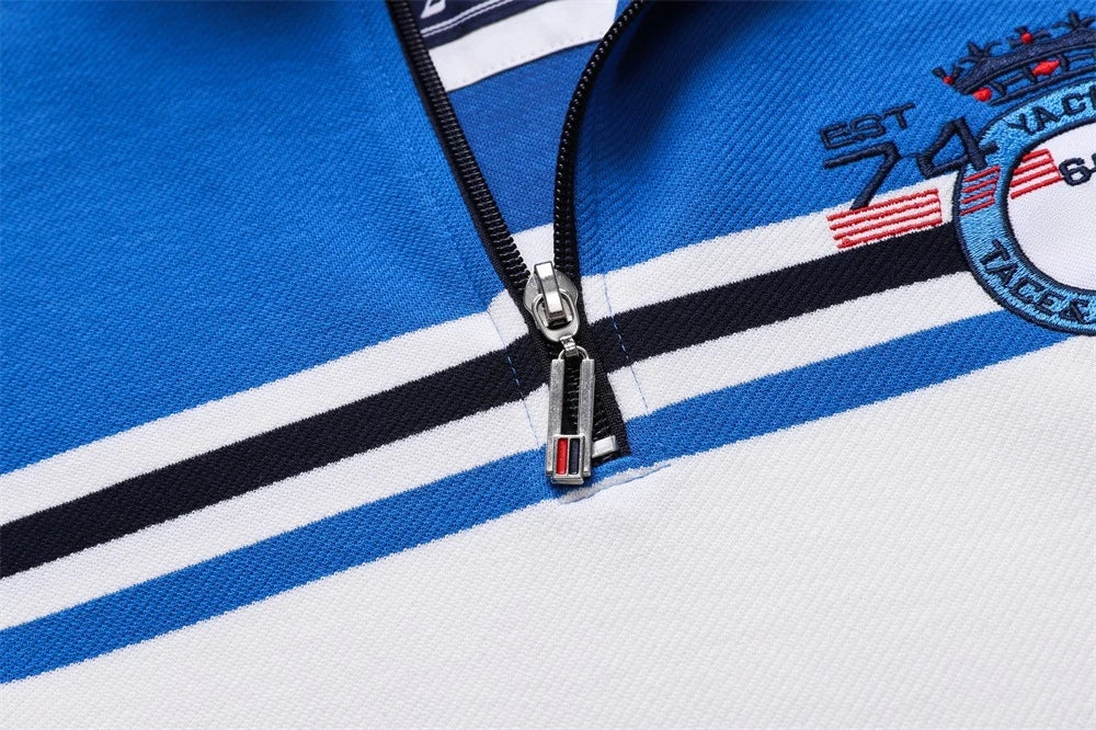 TACE&SHARK Brand Shark Fashion Men‘s Long Sleeve Stand Collar Polo Shirt Striped Breathable Cotton Casual Wear Business Style