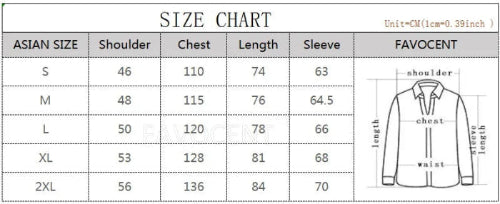 A size chart table for a long-sleeve collared shirt, showing Asian sizes S through 2XL with measurements for shoulder, chest, length, sleeve, 