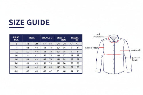 Size chart for clothing with weight and height reference table on a white background