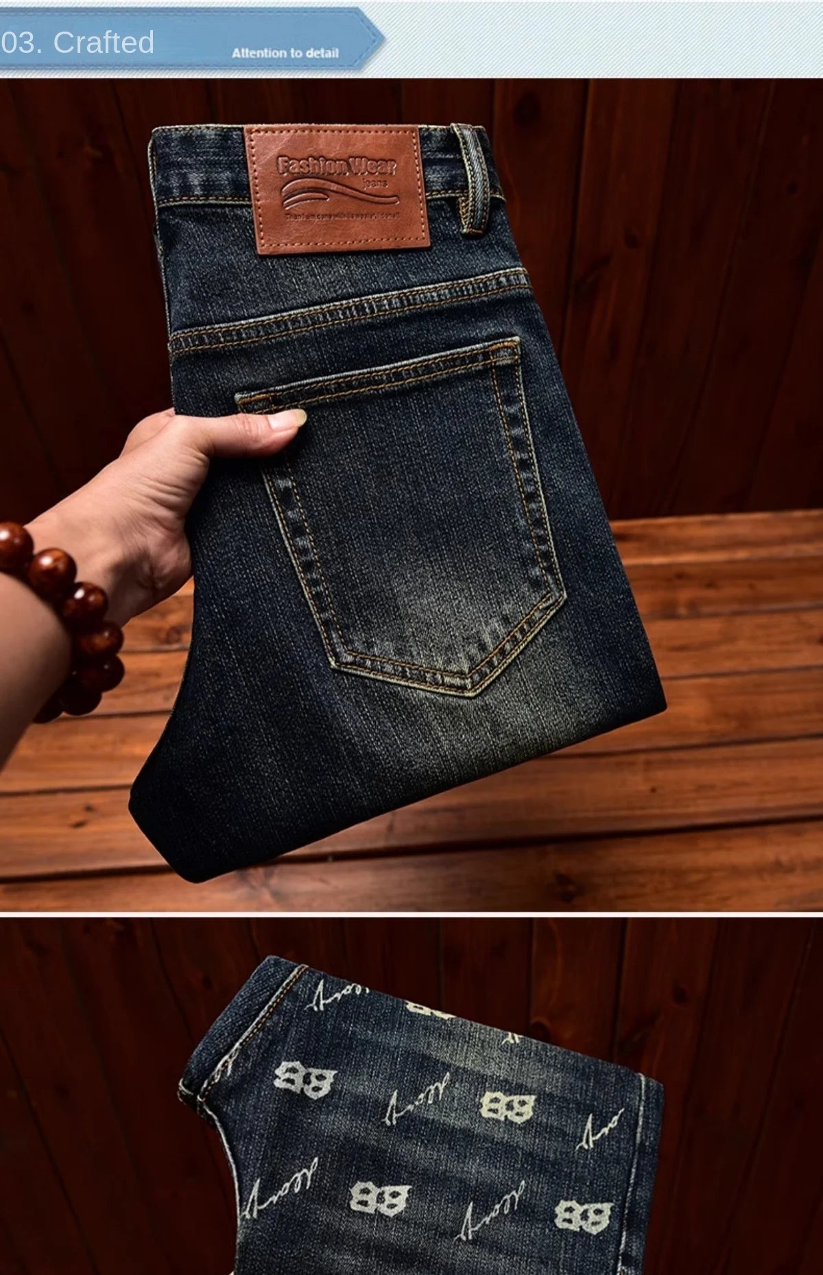 Autumn and winter light luxury printed jeans MEN'S slim fit skinny elastic trend fashionable retro blue denim trove