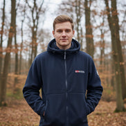 Navy blue fleece jacket with brand logo on a white background