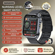 Smartwatch with features listed on a gray background, including LED flashlight and various health monitoring functions.