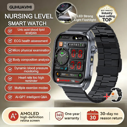 Smartwatch with features listed on a gray background, including LED flashlight and various health monitoring functions.