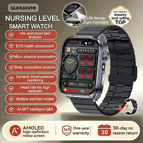 Smartwatch with features listed on a gray background, including LED flashlight and various health monitoring functions.