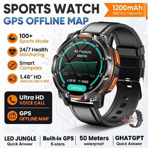 Black and orange sports watch with a round digital display, shown on a white background with feature callouts i