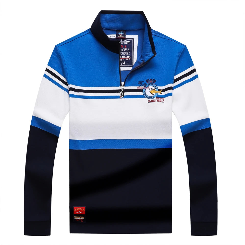 TACE&SHARK Brand Shark Fashion Men‘s Long Sleeve Stand Collar Polo Shirt Striped Breathable Cotton Casual Wear Business Style