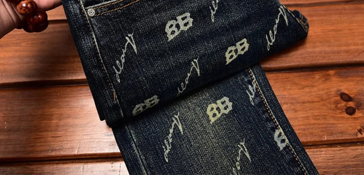 Autumn and winter light luxury printed jeans MEN'S slim fit skinny elastic trend fashionable retro blue denim trove