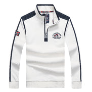 A white long-sleeve quarter-zip pullover sweatshirt with navy blue shoulder panels, navy side stripes on the sleeves, and a navy zipper. 