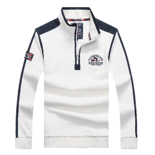 A white long-sleeve quarter-zip pullover sweatshirt with navy blue shoulder panels, navy side stripes on the sleeves, and a navy zipper. 