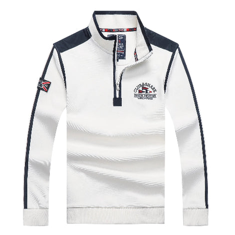 A white long-sleeve quarter-zip pullover sweatshirt with navy blue shoulder panels, navy side stripes on the sleeves, and a navy zipper. 