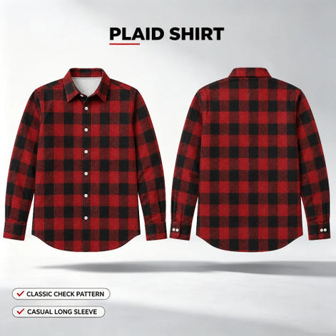 A red and black plaid long-sleeve button-up shirt shown from both front and back views on a light gray background, with text reading 'PLAID SHIRT' and feature callouts at the bottom.