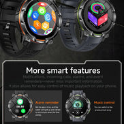 A promotional graphic for a smartwatch, showing two black smartwatches with colorful digital displays on a dark background. 
