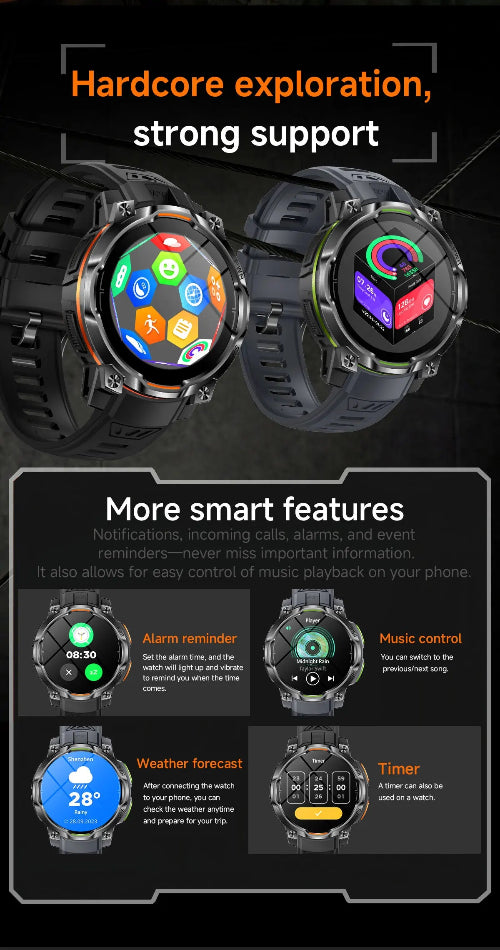 A promotional graphic for a smartwatch, showing two black smartwatches with colorful digital displays on a dark background. 