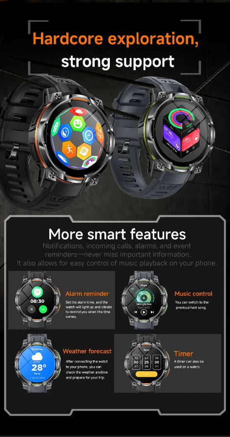A promotional graphic for a smartwatch, showing two black smartwatches with colorful digital displays on a dark background. 