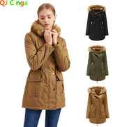 A woman models a tan hooded parka with a faux-fur trimmed hood and front pockets on a white background. Three smaller color variants are shown vertically on the right: black, olive green, and tan.