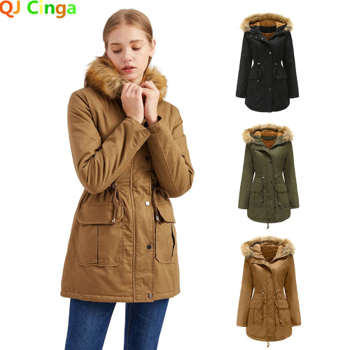 A woman models a tan hooded parka with a faux-fur trimmed hood and front pockets on a white background. Three smaller color variants are shown vertically on the right: black, olive green, and tan.